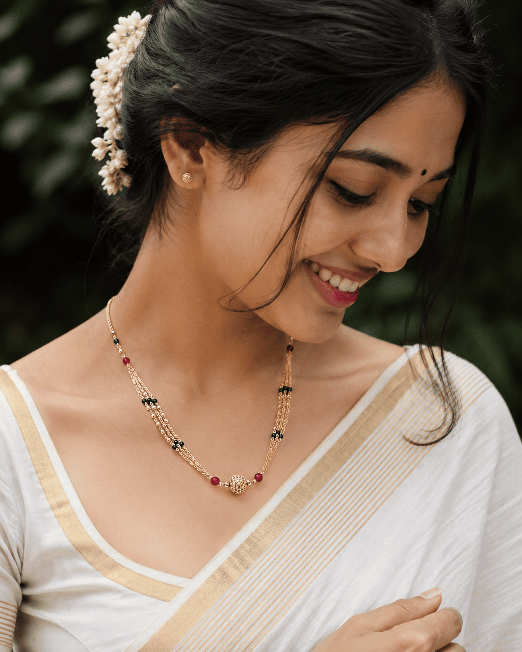 Traditional Multi-Layer Green & Ruby Beaded Necklace
