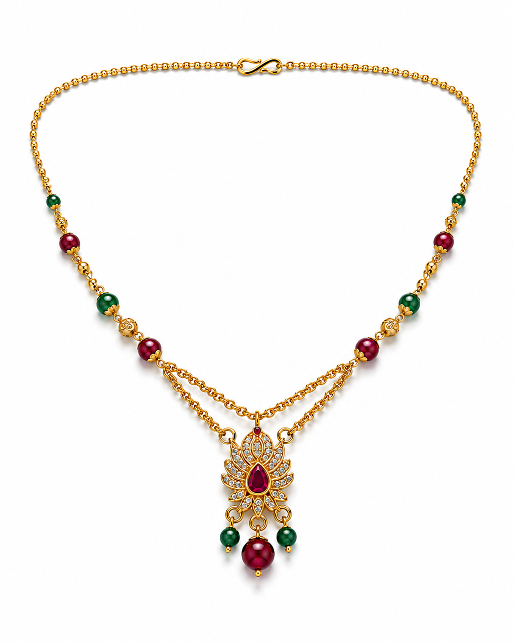 Ruby & Green Stone Lotus Pendant Necklace