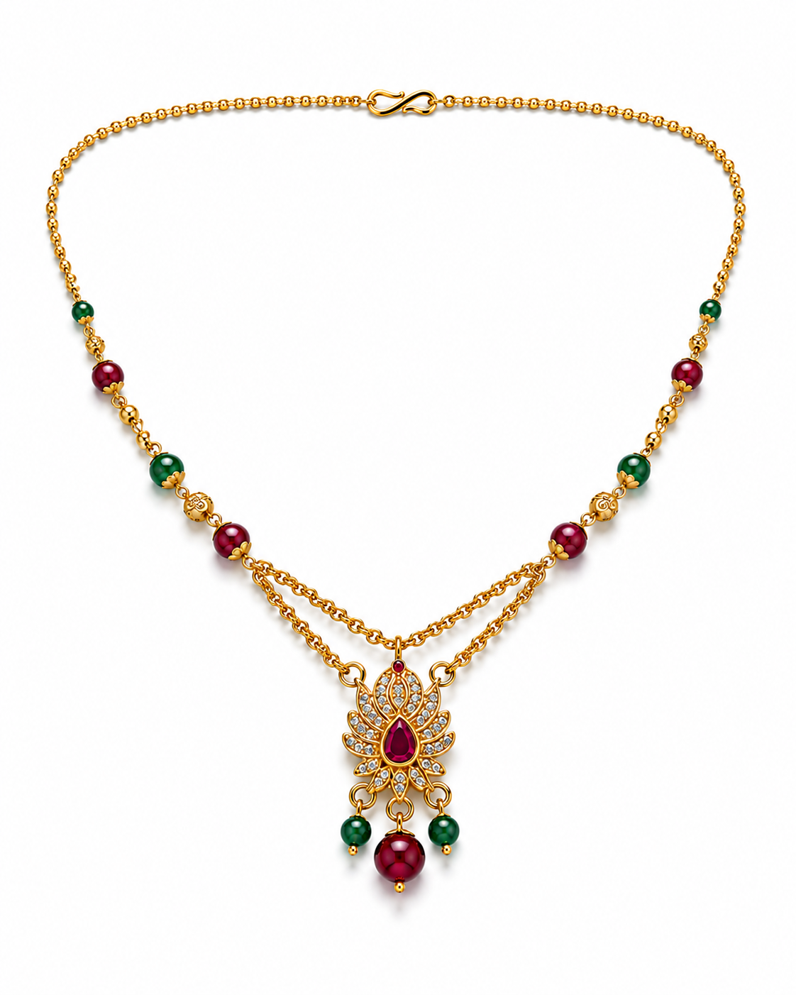 Ruby & Green Stone Lotus Pendant Necklace