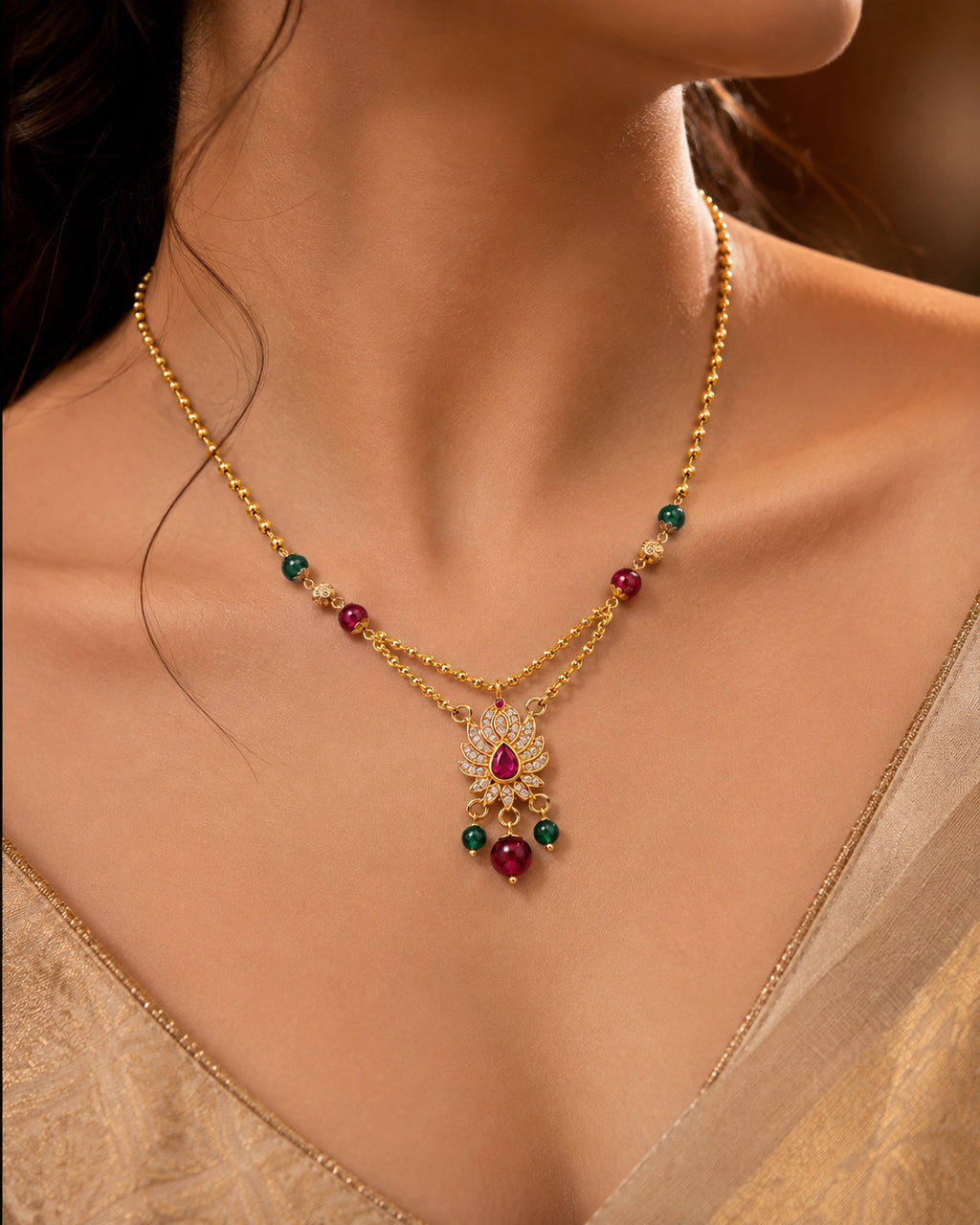 Ruby & Green Stone Lotus Pendant Necklace